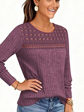 olcso Egyszerű póló-Női Ribos kötött topok Póló Fűzőlyuk Szüret Alkalmi Hosszú ujj Terített nyak Kerek Normál felsők Napi Alkalmi Hétvége Medence Gesztenyebarna Fekete Bor Katonai zöld Tavasz Ősz