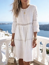 cheap White Lace Dresses-Women's Knee Length Dress White Lace Dress Eyelet Dress Elegant Fashion Modern Outdoor Beach Vacation Loose Fit Plain Half Sleeve Crew Neck Blue White Yellow Purple Summer Spring