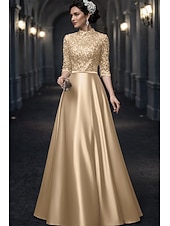 tanie Długość podłogi-Krój A Sięgająca podłoża Sukienka dla gościa weselnego Suknia Suknia wieczorowa Sukienka dla matki panny młodej Rękaw 1/2 Wysoki Elegancja Zabytkowe Gość weselny Wesele Satyna z Kokardki Haft