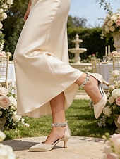 abordables Dama de honor-Zapatos de boda para dama de honor color champán para mujer, tacones bajos de gatito, punta puntiaguda y correa de cristal en el tobillo, zapatos de vestir elegantes y cómodos.
