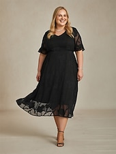  Femmes Robe Midi Robe en Chiffon Élégant Fleuri Demi Manches Col en V Noir