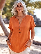 cheap Plain tee-Women's T Shirt Tee Top Buttons Plain Fashion Stylish Classic Short Sleeve V Neck Regular Tops Daily Going out Weekend Black White Red Orange Apricot Summer Spring