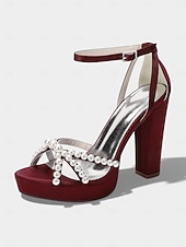 cheap Bride-Women's Ivory Platform Chunky Block Heel Sandals, Pearl-Embellished Ankle Strap Bridal Shoes for Church Weddings
