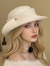 economico Matrimonio ACC-cappello in feltro di lana da donna, disponibile nei colori bianco e nero, stile elegante con decorazione a bottone dorato, perfetto per matrimoni e banchetti