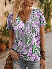 Χαμηλού Κόστους Τέχνη &amp; Σχεδίαση μπλουζάκι-Γυναικεία Μπλουζάκι Στάμπα Γραφική Λαχούρι Βίντατζ Στυλάτο Καθημερινό Κοντομάνικο Λαιμόκοψη V Κανονικά μπλουζάκια Καθημερινά Θαλασσί Κίτρινο Βυσσινί Καλοκαίρι Άνοιξη