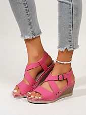 billige Kilesandaler-damerosa kilehælsandaler – justerbar stropp, støttende platåsko for turgåing, hageturer, reiser og daglig bruk