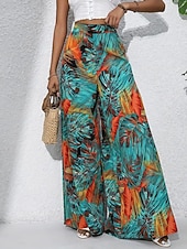 preiswerte weites Bein und hohe Taille-Damen Weite Hosenbeine Chinos Palazzo-Hose Urlaub Streetwear Basic Volle Länge Mittlere Taillenlinie Blumen Tropisch Elastischer Bund Drucken Bequem Unelastisch Täglich Outdoor Straße Blau Marineblau