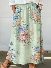 tanie Spódnice wakacyjne-Spódnica damska na wakacje, bohemia, vintage, modna, swobodna, maxi, spódnice ze średnim stanem, kwiatowy wzór, nieelastyczna, codzienna, uliczna, jasnozielona, różowa, jasnoniebieska, letnia