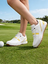 cheap Women's Golf Shoes-Women's Classic White / Yellow Lace-up Golf Shoes – Non-Slip Shock-Absorbing Athletic Sneakers for Lady Golf Players, Course Training, Weekend Matches, Country Club Style &amp; Outdoor Walking