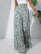 preiswerte weites Bein und hohe Taille-Damen Weite Hosenbeine Chinos Palazzo-Hose Urlaub Streetwear Basic Volle Länge Mittlere Taillenlinie Blumen Tropisch Elastischer Bund Drucken Bequem Unelastisch Täglich Outdoor Straße Blau Marineblau