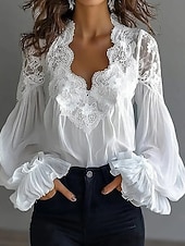voordelige Kant Tops-Dames Kanten overhemd Blouse Kant Lapwerk Effen Kleur Elegant Stijlvol Basic Lange mouw V-hals Normale tops Dagelijks Uitgaan Zwart Wit Zomer Lente Herfst