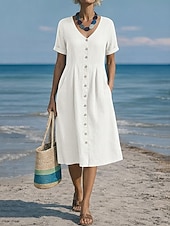 tanie Podstawowe sztuczne sukienki-Damskie Sukienka midi Sztuczna bawełna len Sukienka A line Codzienny Codzienny Regularny Równina Krótki rękaw W serek Niebieski Czarny Biały Wino Lato Wiosna