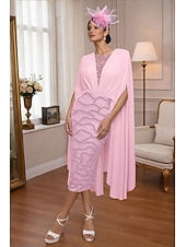 voordelige Thee Lengte-Trompet zeemeermin Over de knie Cocktail jurk Bruiloft gast jurk Baljurk met cape Elegant Semi-formele jurken Casual / Overdag Bruiloft Halve mouw V-hals Formeel Cocktailparty Chiffon Kant met Kant