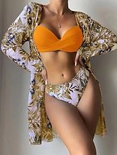 Χαμηλού Κόστους Σετ μπικίνι 3 τεμαχίων-Γυναικεία Μαγιό Μπικίνι Τρία κομμάτια Προκλητικό Μαγιό Λεπτό Εξώπλατο Διακοπές Ρούχα παραλίας Φλοράλ Φύλλα Λαιμός Αμάνικο Μαγιό