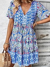voordelige Vakantie Boho Jurk-Dames Mini-jurk strand jurk A lijn jurk Bloemetjesjurk Elegant Modieus Modern Dagelijks Buiten Vakantie Normale pasvorm Geometrisch Korte mouw V-hals blauw Rood Marine Blauw Oranje Zomer Lente Herfst