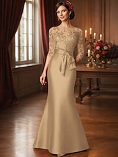 cheap Floor Length-Mermaid Trumpet Floor Length Wedding Guest Dress Formal Dresses Evening Gown Mother of the Bride Dress 3/4 Length Sleeve Illusion Neck Elegant Mother Engagement Satin Lace with Appliques