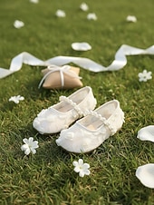 tanie Dzieci i dziewczynka z kwiatami-Dziecięce balerinki typu Mary Jane z koronkowymi paskami i perłowymi aplikacjami kwiatowymi, eleganckie buty ślubne w stylu księżniczki dla małych dziewczynek sypiących kwiaty, wygodne buty wizytowe