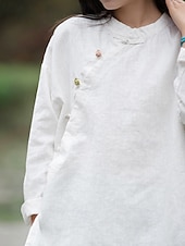 economico Collezione di Lino Premium-Camicia da donna a maniche lunghe con colletto alla coreana in lino biologico