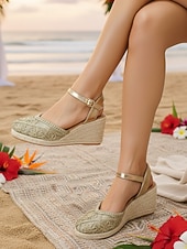abordables Femmes-Espadrilles compensées blanches en dentelle pour femmes - élégantes sandales à plateforme crochetées à bout fermé et bride cheville, chaussures confortables pour les vacances d'été à la plage.