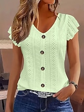 baratos Camiseta lisa-Mulheres Camiseta T-shirt Frufru Ilhó Botões Tecido Moda à moda Clássico Manga Curta Decote V Tops regulares Diário Para Noite Final de semana Branco Amarelo Rosa Azul Céu Verde Verão Primavera