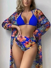 tanie 3-częściowy zestaw bikini-Damskie Stroje kąpielowe Bikini Trzyczęściowy Majtki Kostium kąpielowy Szczupła Odkryte plecy Urlop Stroje plażowe Kwiaty Kantarka Długi rękaw Kostiumy kąpielowe