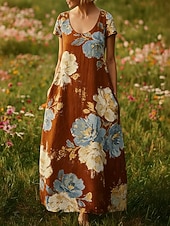 halpa Tulosta kukkamekot-Naisten Maksimekko Boho-mekko Rento mekko Vintage Päivittäin ulko- Hiekkaranta Loose Fit Kukka Lyhythihainen U kaula-aukko Viini Kesä Kevät