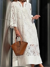 voordelige Witte kanten jurken-Dames Maxi-jurk Kanten jurk Witte jurk Modieus Modern Buiten Strand Vakantie Ruim Passend Effen Lange mouw V-hals Wit Zomer Lente