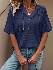 billige Enkle bluser-Dame Skjorte Bluse Lapper Knapper عادي Elegant Stilfull Klassisk Kortermet Med hette Vanlige topper Daglig Ferie Ut på byen Svart Hvit Rosa Rød Navyblå Sommer Vår