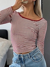 economico T-shirt a righe e geometrico-Per donna Maglietta Stampato A righe Moda Elegante Classico Manica Lunga Girocollo Top Regolari Quotidiano Uscire Weekend Nero Rosa Rosso Blu marino Estate Primavera