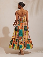 billige uformell kjole med trykk-Feriestrandelement løs passform i chiffong-camikjole