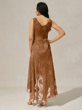  Dam Maxiklänning Chiffongklänningar Elegant Blommig Ärmlös U-hals Korallröd