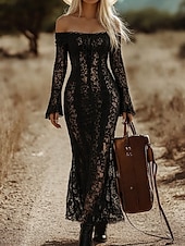 ieftine Rochie simplă-Pentru femei Rochie Maxi Rochie teacă Elegant Petrecere cocktail În aer liber Petrecere Invitat la nunta Dantelă Fit regulat Culoare solidă Manșon Lung De Pe Umăr Negru