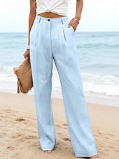 preiswerte Wesentliche Falsche Unterteile-Damen Kunstbaumwollleinen Weites Bein Freizeithose Sommerhose Urlaub Streetwear Basic Volle Länge Mittlere Taillenlinie Einfach Tasche Atmungsaktivität Bequem Unelastisch Täglich Outdoor Urlaub Blau