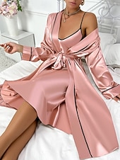 preiswerte Bademäntel für Damen-Damen Robe Nachthemd Schlafanzug Set Lässig Komfort Einfarbig Elastischer Bund Täglich Heim Langarm Träger Rosa Khaki Sommer Frühling Normale Passform