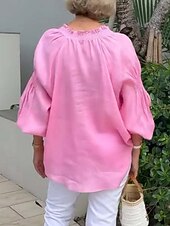 baratos Camisas Falsas Essenciais-Blusa de Linho Feminina Como Algodão Falso Botões Cor Sólida Casual de Mangas Longas Decote V Tops Longos Diários Azul Preto Branco Rosa Primavera Outono