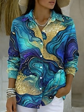 Χαμηλού Κόστους Τέχνη &amp; Σχεδίαση Μπλούζες-Γυναικεία Πουκάμισο Κουμπιά Στάμπα Γραφική Αφηρημένο Βίντατζ Στυλάτο Μοντέρνα Μακρυμάνικο Κολάρο Πουκαμίσου Κανονικά μπλουζάκια Καθημερινά Θαλασσί Πορτοκαλί Πράσινο του τριφυλλιού Καλοκαίρι Άνοιξη