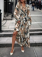 cheap Casual Floral Dresses-Women's Long Dress Maxi Dress A Line Dress Floral Dress Elegant Fashion Modern Daily Outdoor Vacation Regular Fit Floral Long Sleeve V Neck Red Brown Spring Fall