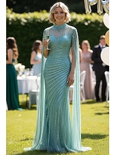  Sirena Tromba Strascico a Terra Perline ricamate Abito da invitata a nozze Abito Formale Abito da Sera Elegante Scintillante Stile Celebrità Senza Maniche Girocollo Festa serale Matrimonio Shiena