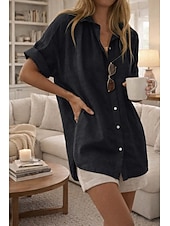 abordables Camisas-Mujer Camisa Algodón Compuesto camisa boho Abotonar Plano Casual Estilo playero Manga Corta Cuello Camisero Tops regulares Negro Blanco Amarillo Rosa Azul cielo Verano