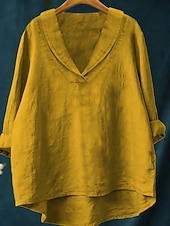 abordables Camisas Falsas Esenciales-Mujer Camisa Camisas de algodón y lino Lino de algodón sintético Retazos Plano Elegante Clásico Moderno Manga Larga Escote en Pico Tops regulares Diario Festivos Noche Negro Blanco Amarillo Rojo Azul