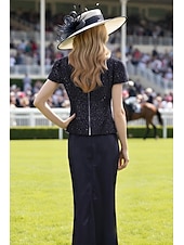 cheap Mom's Dress Sets-Mermaid Trumpet Ankle Length Derby Dress Mother of the Bride Dress Short Sleeve High Neck Elegant Kentucky Derby with Flower