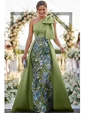 economico Lunghezza del pavimento-Linea ad A Tubino Colonna Lunghezza al pavimento Perline ricamate Abito da invitata a nozze Abito Formale Abito da cerimonia per signora Senza Maniche Monospalla Elegante Vintage Lussuoso Formale Raso