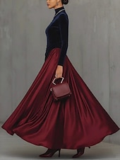 ieftine Rochie simplă-Pentru femei Rochie Maxi Rochie din satin Rochie de petrecere Rochie leagăn Elegant Modă Modern În aer liber Vacanță Ieșire Fit regulat Bloc Culoare Manșon Lung Gât Înalt Roșu-aprins Primăvară Iarn