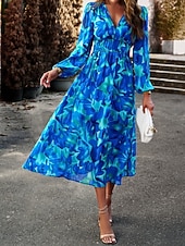 economico Abiti floreali-Per donna Abito Midi Abito a trapezio Vacanza Casual All'aperto Uscire Vestibilità regolare Floreale Manica Lunga Scollo a V Blu Verde Albicocca Estate Primavera Autunno