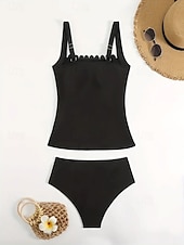 abordables Tankinis-Femmes Maillots de Bain Tankini 2 pièces Taille haute Maillot de bain Contrôle du ventre Taille haute Mince Dos nu Vacances Tenues de plage Couleur Unie Décolleté Sans manches Maillots de bain