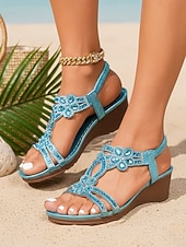 economico Sandali con zeppa-sandali con zeppa boho da donna color cielo con decorazioni floreali in cristallo – eleganti sandali con cinturino a T e strass per vacanze al mare, resort esotici &amp;viaggiatori eleganti