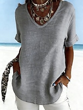 baratos Camisas-Mulheres Camisa Social Blusa Tecido à moda Clássico Moderno Manga Curta Decote V Tops regulares Diário Feriado Para Noite Azul Branco Cinzento Verão Primavera