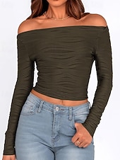 tanie gładka koszulka-Damskie Podkoszulek Koszulka Jednokolorowe Elegancja Moda Elegancki Długi rękaw Z odsłoniętymi ramionami Zwykłe topy Codzienny Wyjściowe Weekend Czarny Biały Rumiany róż Zieleń wojskowa Czerwony