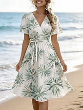 Χαμηλού Κόστους Floral φορέματα-Γυναικεία Φόρεμα μέχρι το γόνατο Φόρεμα σε γραμμή Α Κομψό Διακοπές Καθημερινό Ημερομηνία Κανονικό Γραφική Φύλλο Κοντομάνικο Λαιμόκοψη V Θαλασσί Ανθισμένο Ροζ Πράσινο του τριφυλλιού