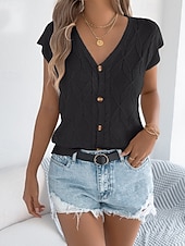 baratos Blusas Simples-Mulheres Tops de verão Blusa Patchwork Botões Tecido à moda Clássico Moderno Manga Curta Decote V Tops regulares Diário Feriado Para Noite Preto Branco Marron Cáqui Verão Primavera